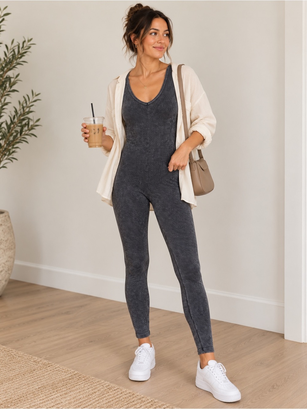 Zenana Charcoal Mineral Wash Ribbed Jumpsuit V Neck Sleeveless Stretch One Piece